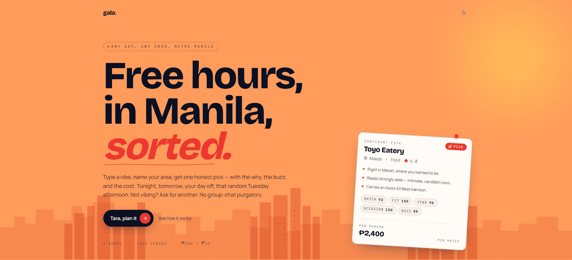 Gala landing page with an orange background and a venue recommendation card